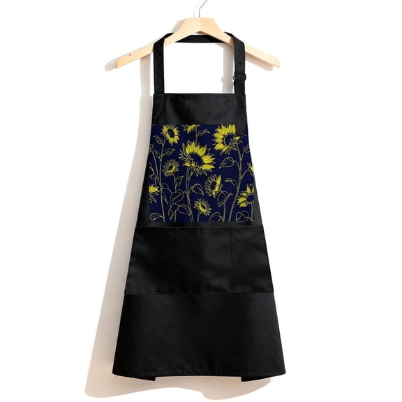 RKSupls Waterproof Bib Apron with 3 Pockets, Sunflower Field Sketch Adjustable Neck Strap Soft Polyester Water Resistant Apron for Kitchen Restaurant Home Use