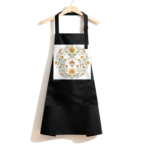 RKSupls Waterproof Bib Apron with 3 Pockets, Sunflower Heart Wreath Adjustable Neck Strap Soft Polyester Water Resistant Apron for Kitchen Restaurant Home Use