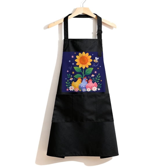 RKSupls Waterproof Bib Apron with 3 Pockets, Sunflower Hens Garden Adjustable Neck Strap Soft Polyester Water Resistant Apron for Kitchen Restaurant Home Use