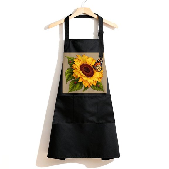 RKSupls Waterproof Bib Apron with 3 Pockets, Sunflower With Monarch Adjustable Neck Strap Soft Polyester Water Resistant Apron for Kitchen Restaurant Home Use