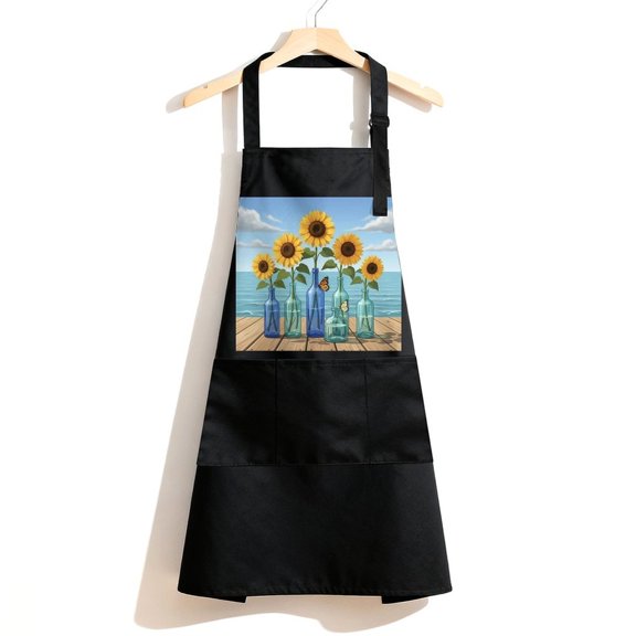 RKSupls Waterproof Bib Apron with 3 Pockets, Sunflower In Vase Adjustable Neck Strap Soft 100% Polyester Water Resistant Apron for Kitchen Restaurant Home Use