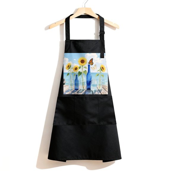 RKSupls Waterproof Bib Apron with 3 Pockets, Sunflower In Vase Adjustable Neck Strap Soft 100% Polyester Water Resistant Apron for Kitchen Restaurant Home Use