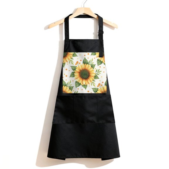 RKSupls Waterproof Bib Apron with 3 Pockets, Sunflower Yellow Adjustable Neck Strap Soft 100% Polyester Water Resistant Apron for Kitchen Restaurant Home Use