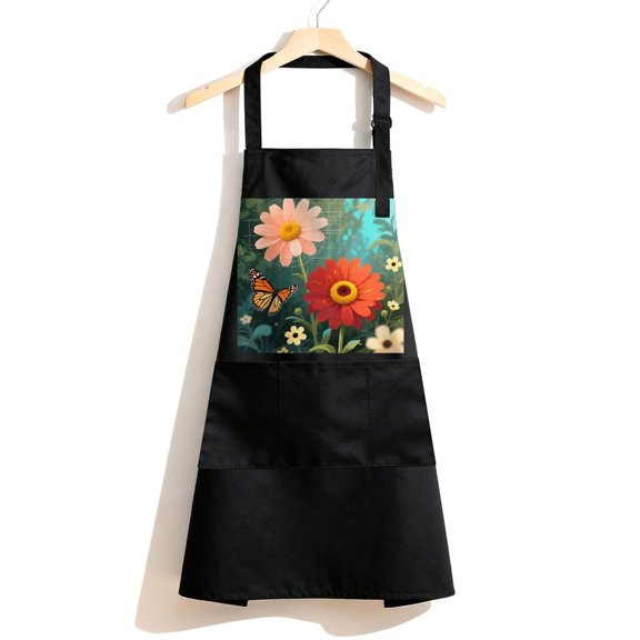 RKSupls Waterproof Bib Apron with 3 Pockets, Sunflowers Adjustable Neck Strap Soft 100% Polyester Water Resistant Apron for Kitchen Restaurant Home Use