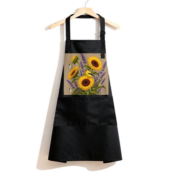 RKSupls Waterproof Bib Apron with 3 Pockets, Sunflowers Goldfinch Garden Adjustable Neck Strap Soft Polyester Water Resistant Apron for Kitchen Restaurant Home Use