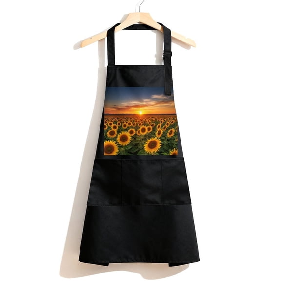 RKSupls Waterproof Bib Apron with 3 Pockets, Sunrise in Field Landscape Adjustable Neck Strap Soft 100% Polyester Water Resistant Apron for Kitchen Restaurant Home Use
