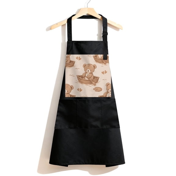 RKSupls Waterproof Bib Apron with 3 Pockets, Teddy Bears Rowing Boats Adjustable Neck Strap Soft Polyester Water Resistant Apron for Kitchen Restaurant Home Use
