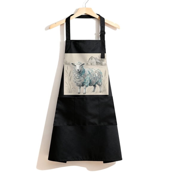 RKSupls Waterproof Bib Apron with 3 Pockets, Textured Sheep Near Barn Adjustable Neck Strap Soft Polyester Water Resistant Apron for Kitchen Restaurant Home Use