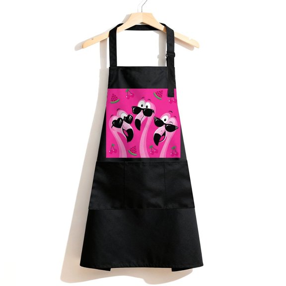 RKSupls Waterproof Bib Apron with 3 Pockets, Three Cool Flamingos Sunglasses Adjustable Neck Strap Soft 100% Polyester Water Resistant Apron for Kitchen Restaurant Home Use