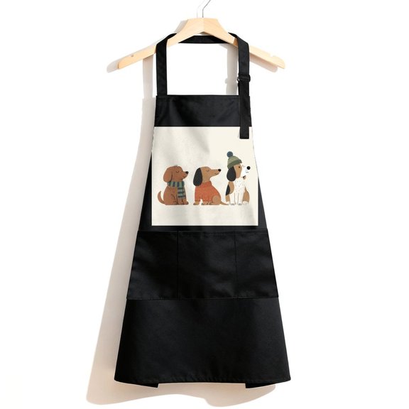 RKSupls Waterproof Bib Apron with 3 Pockets, Three Cozy Dogs Adjustable Neck Strap Soft Polyester Water Resistant Apron for Kitchen Restaurant Home Use