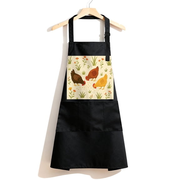 RKSupls Waterproof Bib Apron with 3 Pockets, Three Hens Pecking in Garden Adjustable Neck Strap Soft Polyester Water Resistant Apron for Kitchen Restaurant Home Use