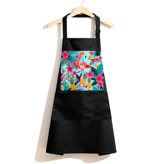 RKSupls Waterproof Bib Apron with 3 Pockets, Tropical Flamingo Pineapple Adjustable Neck Strap Soft Polyester Water Resistant Apron for Kitchen Restaurant Home Use