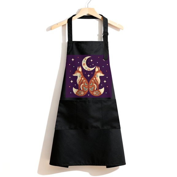 RKSupls Waterproof Bib Apron with 3 Pockets, Twin Foxes Under Crescent Adjustable Neck Strap Soft Polyester Water Resistant Apron for Kitchen Restaurant Home Use