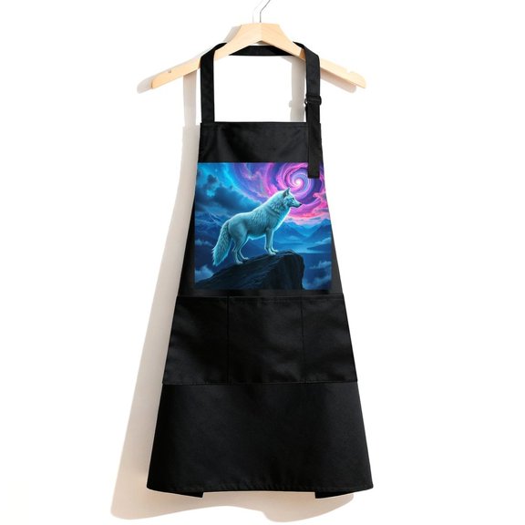 RKSupls Waterproof Bib Apron with 3 Pockets, White Wolf Galaxy Adjustable Neck Strap Soft Polyester Water Resistant Apron for Kitchen Restaurant Home Use