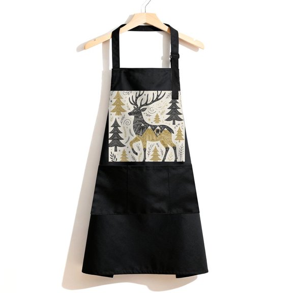 RKSupls Waterproof Bib Apron with 3 Pockets, Winter Deer In Forest Adjustable Neck Strap Soft Polyester Water Resistant Apron for Kitchen Restaurant Home Use