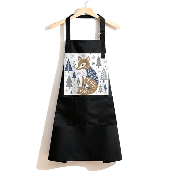 RKSupls Waterproof Bib Apron with 3 Pockets, Winter Fox In Knitted Sweater Adjustable Neck Strap Soft Polyester Water Resistant Apron for Kitchen Restaurant Home Use