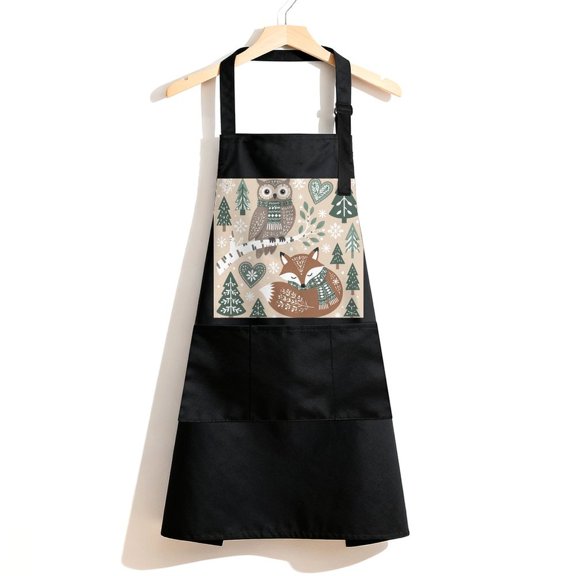 RKSupls Waterproof Bib Apron with 3 Pockets, Winter Owl Fox Scene Adjustable Neck Strap Soft Polyester Water Resistant Apron for Kitchen Restaurant Home Use