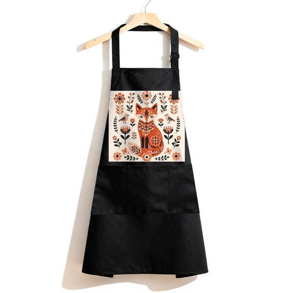RKSupls Waterproof Bib Apron with 3 Pockets, Folk Art Fox Adjustable Neck Strap Soft Polyester Water Resistant Apron for Kitchen Restaurant Home Use