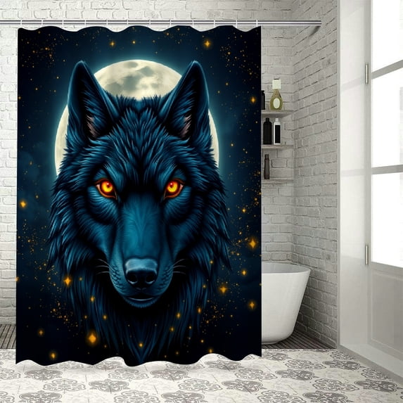 RKSupls Waterproof Shower Curtain, Blue Black Wolf Glowing Eyes Polyester Shower Curtain with Hooks for Chic Elegant Home Bathtub Bathroom Decor Washable Curtains