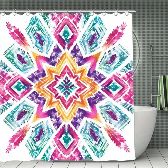 RKSupls Waterproof Shower Curtain, Bright Ikat Mandala Pattern Polyester Fabric with Hooks, Mildew Resistant & Quick Dry Washable ForChicHome Bathtub Decor, 70.8x70.8 Inch