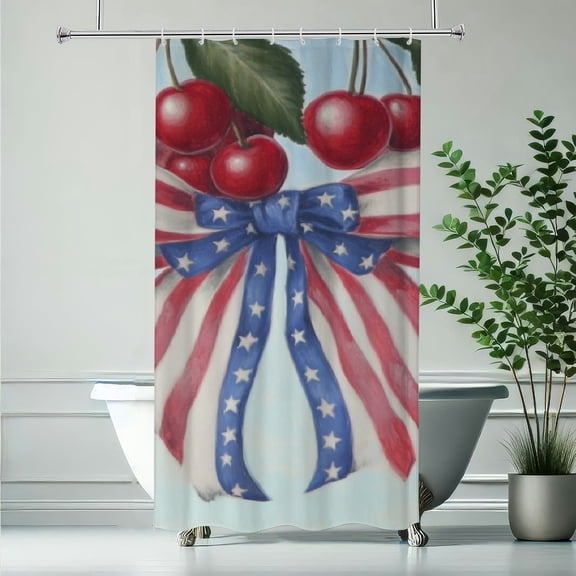 RKSupls Waterproof Shower Curtain, Cherry Bow Patriotic Polyester Shower Curtain with Hooks for Chic Elegant Home Bathtub Bathroom Decor Washable