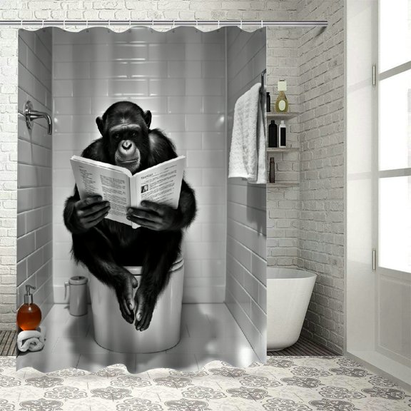 RKSupls Waterproof Shower Curtain, Chimpanzee Reading Toilet Polyester Shower Curtain with Hooks for Chic Elegant Home Bathtub Bathroom Decor Washable Curtains
