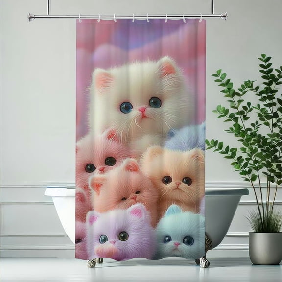 RKSupls Waterproof Shower Curtain, Colorful Fluffy Kitten Cat Polyester Shower Curtain with Hooks for Chic Elegant Home Bathtub Bathroom Decor Washable
