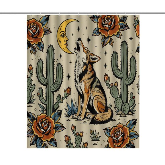 RKSupls Waterproof Shower Curtain, Coyote Howling Moon Cactus Roses Polyester Shower Curtain with Hooks for Chic Elegant Home Bathtub Bathroom Decor Washable