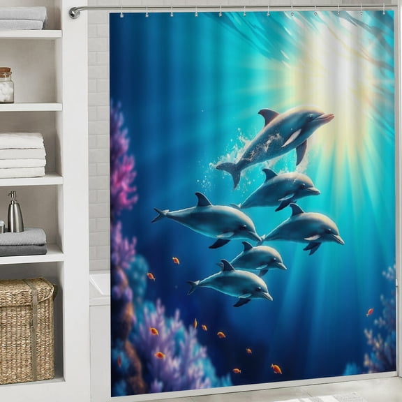 RKSupls Waterproof Shower Curtain, Dolphin Pod Ocean Sunburst Polyester Shower Curtain with Hooks for Chic Elegant Home Bathtub Bathroom Decor Washable Curtains