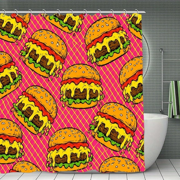 RKSupls Waterproof Shower Curtain, Dripping Burger Pink Pattern Polyester Fabric with Hooks, Mildew Resistant & Quick Dry Washable ForChicHome Bathtub Decor, 70.8x70.8 Inch