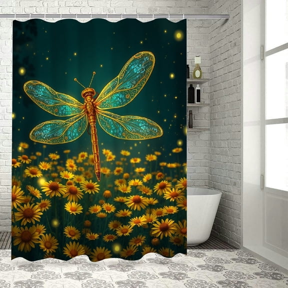 RKSupls Waterproof Shower Curtain, Glowing Stained Glass Dragonfly Luminous Field Polyester Shower Curtain with Hooks for Chic Elegant Home Bathtub Bathroom Decor Washable Curtains