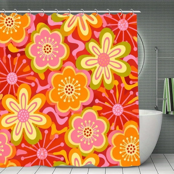 RKSupls Waterproof Shower Curtain, Groovy Floral Red Background Pattern Polyester Fabric with Hooks, Mildew Resistant & Quick Dry Washable For Chic Home Bathtub Decor, 70.8x70.8 Inch