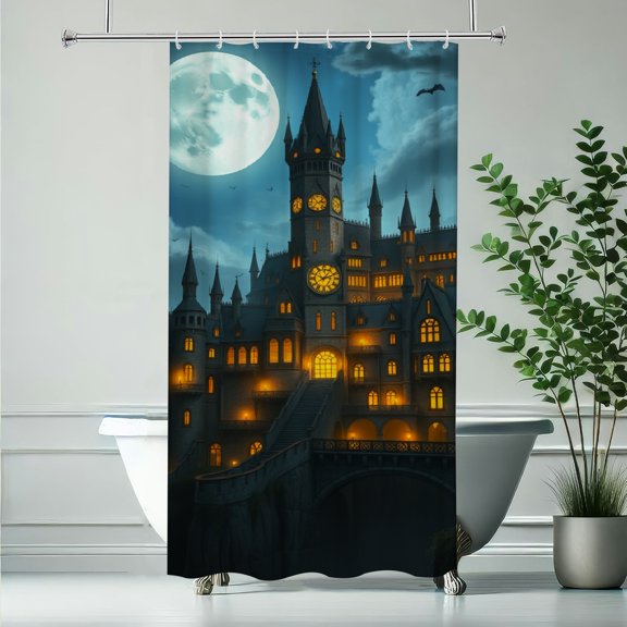 RKSupls Waterproof Shower Curtain, Moonlit Magic Castle Night, Polyester Fabric with Rustproof Hooks, Mildew Resistant & Quick Dry Washable for Chic Home Bathtub Decor