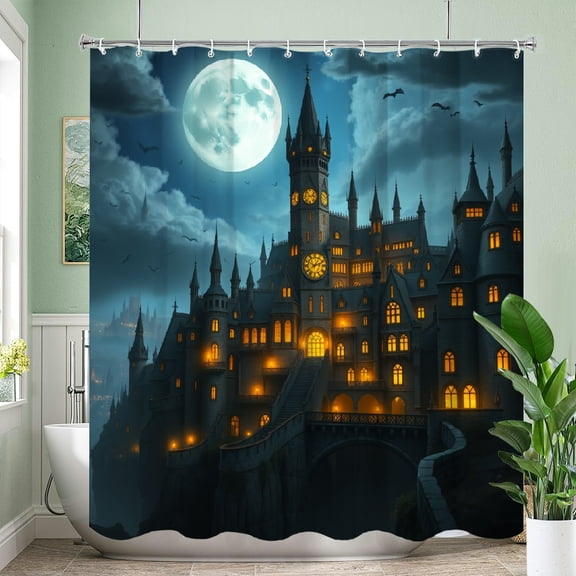 RKSupls Waterproof Shower Curtain, Moonlit Magic Castle Night, Polyester Fabric with Rustproof Hooks, Mildew Resistant & Quick Dry Washable for Chic Home Bathtub Decor