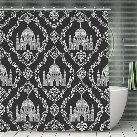 RKSupls Waterproof Shower Curtain, Mosque Architecture Damask Pattern On Black Polyester Shower Curtain with Hooks for Chic Elegant Home Bathtub Bathroom Decor Washable