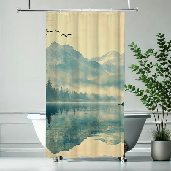 RKSupls Waterproof Shower Curtain, Mountain Lake Landscape Polyester Shower Curtain with Hooks for Chic Elegant Home Bathtub Bathroom Decor Washable,90x180cm