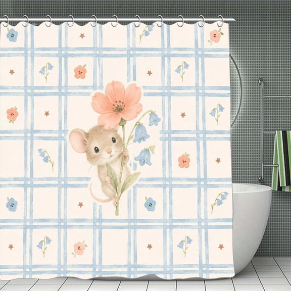 RKSupls Waterproof Shower Curtain, Mouse Holding Poppy Polyester Fabric with Hooks, Mildew Resistant & Quick Dry Washable For Chic Home Bathtub Decor, 70.8x70.8 Inch