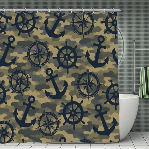 RKSupls Waterproof Shower Curtain, Nautical Anchor Camo Pattern Polyester Fabric with Hooks, Mildew Resistant & Quick Dry Washable For Chic Home Bathtub Decor, 70.8x70.8 Inch