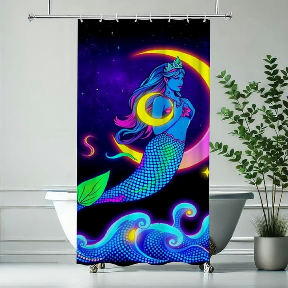RKSupls Waterproof Shower Curtain, Neon Mermaid Moon Galaxy, Polyester Fabric with Rustproof Hooks, Mildew Resistant & Quick Dry Washable for Chic Home Bathtub Decor