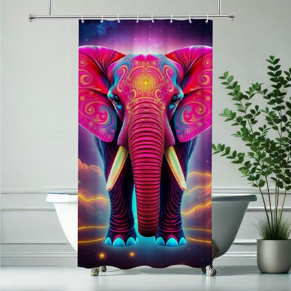 RKSupls Waterproof Shower Curtain, Neon Pink Elephant Cosmic Clouds Polyester Shower Curtain with Hooks for Chic Elegant Home Bathtub Bathroom Decor Washable Curtains
