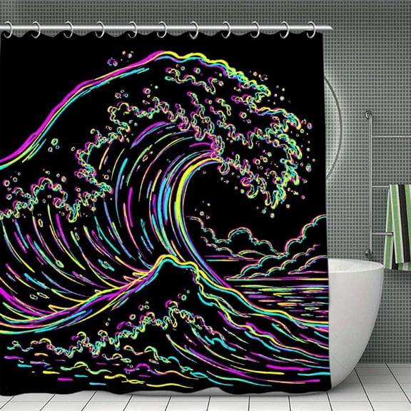 RKSupls Waterproof Shower Curtain, Neon Wave Black Polyester Fabric with Hooks, Mildew Resistant & Quick Dry Washable ForChicHome Bathtub Decor, 70.8x70.8 Inch