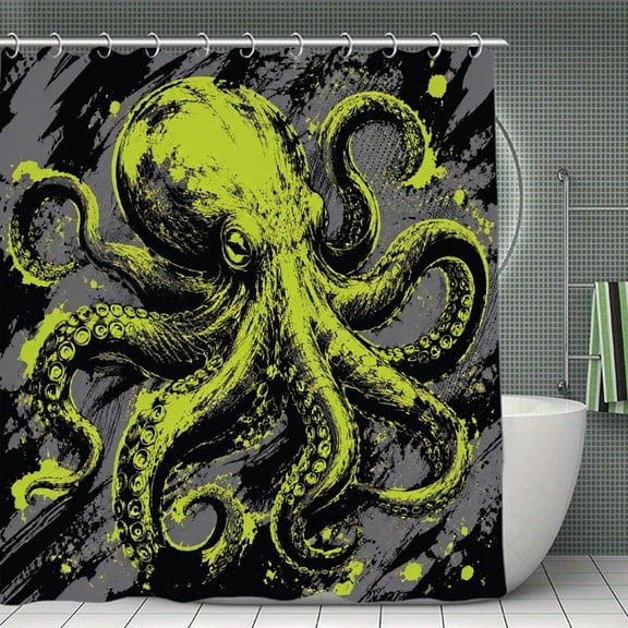 RKSupls Waterproof Shower Curtain, Octopus Grunge Neon Splash Art Polyester Fabric with Hooks, Mildew Resistant & Quick Dry Washable ForChicHome Bathtub Decor, 70.8x70.8 Inch