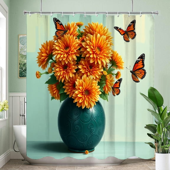 RKSupls Waterproof Shower Curtain, Orange Gerbera Monarch Butterflies, Polyester Fabric with Rustproof Hooks, Mildew Resistant & Quick Dry Washable for Chic Home Bathtub Decor