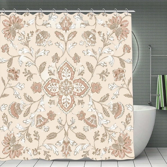 RKSupls Waterproof Shower Curtain, Ornate Damask Floral Beige Pattern Polyester Fabric with Hooks, Mildew Resistant & Quick Dry Washable ForChicHome Bathtub Decor, 70.8x70.8 Inch