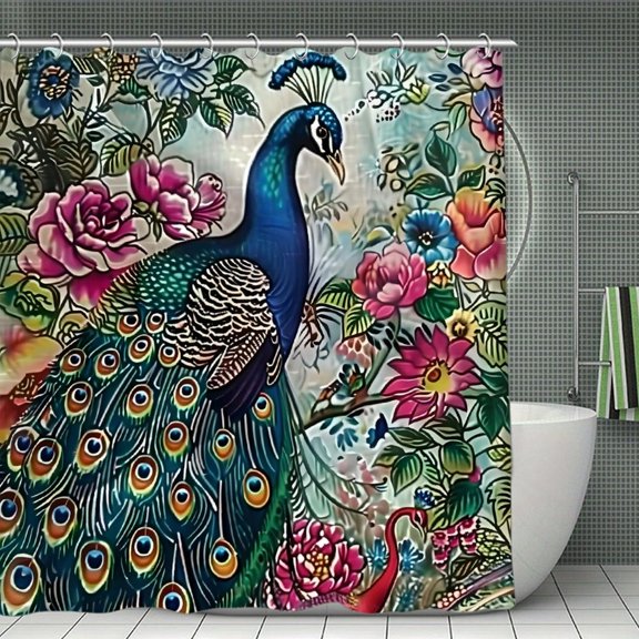 RKSupls Waterproof Shower Curtain, Peacock Flowers Ceramic Roses Polyester Shower Curtain with Hooks for Chic Elegant Home Bathtub Bathroom Decor Washable