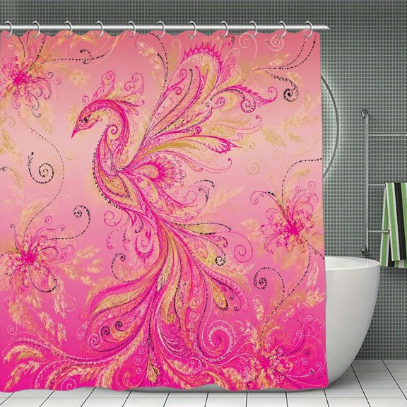 RKSupls Waterproof Shower Curtain, Pink Gold Phoenix Fantasy Polyester Fabric with Hooks, Mildew Resistant & Quick Dry Washable ForChicHome Bathtub Decor, 70.8x70.8 Inch