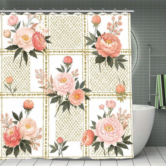 RKSupls Waterproof Shower Curtain, Pink Peony Gold Grid Polyester Fabric with Hooks, Mildew Resistant & Quick Dry Washable ForChicHome Bathtub Decor, 70.8x70.8 Inch