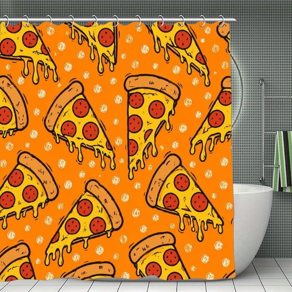 RKSupls Waterproof Shower Curtain, Pizza Slice Pattern Orange Background Cartoon Polyester Fabric with Hooks, Mildew Resistant & Quick Dry Washable For Chic Home Bathtub Decor, 70.8x70.8 Inch