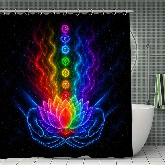RKSupls Waterproof Shower Curtain, Rainbow Lotus Chakra Meditation Hands Polyester Shower Curtain with Hooks for Chic Elegant Home Bathtub Bathroom Decor Washable
