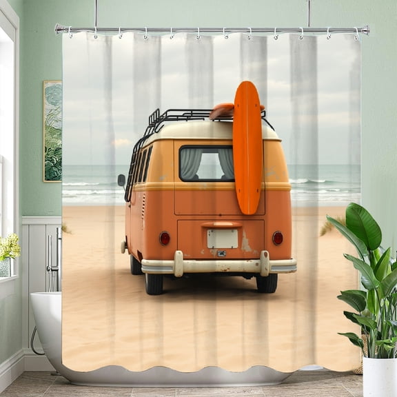 RKSupls Waterproof Shower Curtain, Retro Van Surfboard Beach Scene Polyester Shower Curtain with Hooks for Chic Elegant Home Bathtub Bathroom Decor Washable Curtains